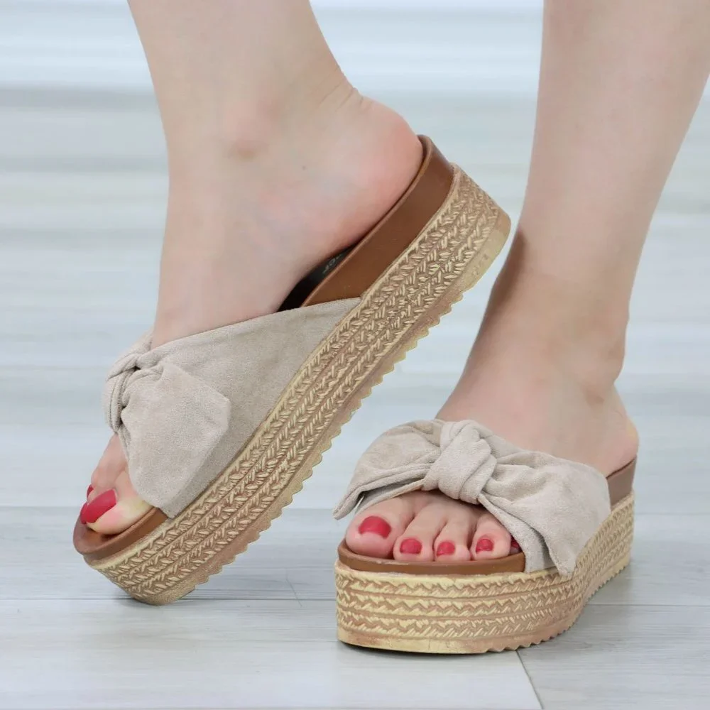 Suede Nude Bow Comfort Platform Sandal Slip On Sliders - Picture 2 of 14